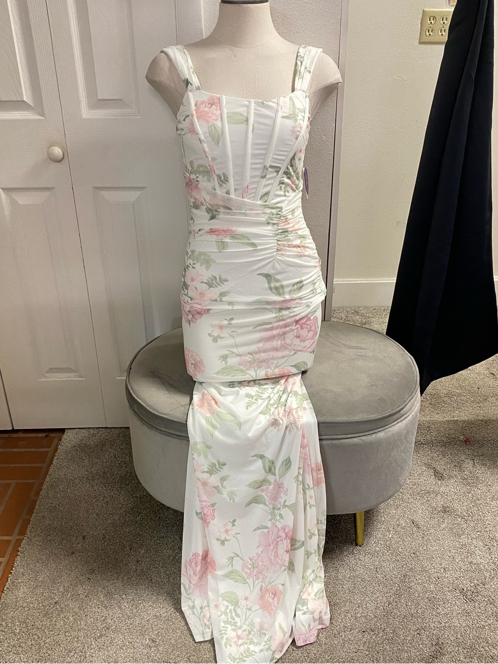 Windsor White Prom Gown with Pink Floral Print